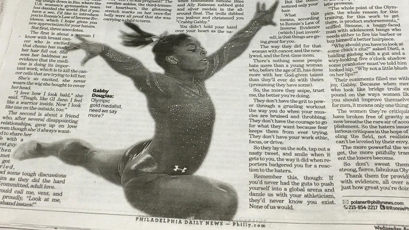 Editor Michael Days tweeted, "We ran a photo of @Simone_Biles with an uplifting column today about Gabby Douglas. We screwed up. We are embarrassed, and we apologize."